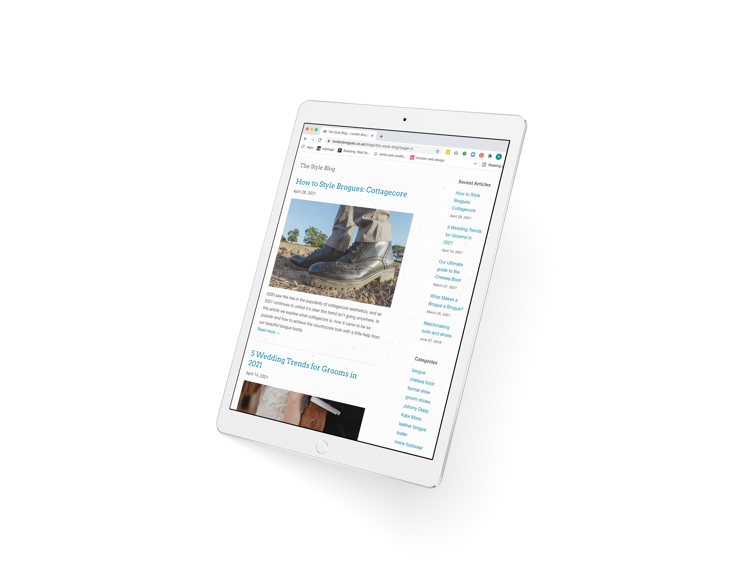 A white IPad with a blog landing page for London brogues visible